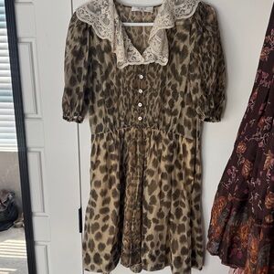Sea New York Leopard Print Mini Dress with Lace Collar - Brown & Cream